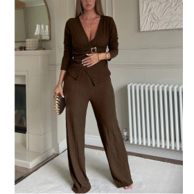 Stretch Jacquard Pleated V-neck Waist Button Waist Slimming Wide-leg Pants Suit