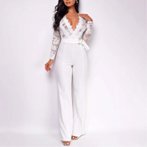 Lace Paneled Long-sleeved Casual Wide-leg Jumpsuit