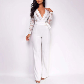 Lace Paneled Long-sleeved Casual Wide-leg Jumpsuit