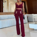 Casual Eyelet Button Top and Trousers Suit