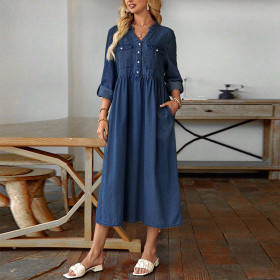 Long Sleeve V-neck New Denim Dress