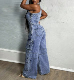 Off-shoulder Tight-waisted Slim-fit Stretch Washed Denim Jumpsuit