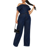Strapless One Shoulder Slim Denim Jumpsuit Jumpsuit