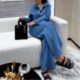 Denim Suit Long Sleeve Lapel Pocket Top Lace Up Straight Trousers Two Piece Set