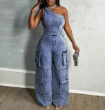 Off-shoulder Tight-waisted Slim-fit Stretch Washed Denim Jumpsuit