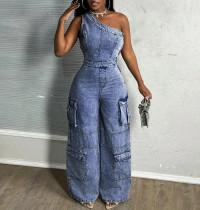 Off-shoulder Tight-waisted Slim-fit Stretch Washed Denim Jumpsuit