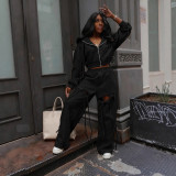Casual Commuting Hooded Zipper Sweatshirt with Wide Legs, Ripped and Personalized Two-piece Set