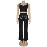 Casual Eyelet Button Top and Trousers Suit