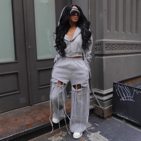 Casual Commuting Hooded Zipper Sweatshirt with Wide Legs, Ripped and Personalized Two-piece Set