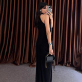 Sleeveless Single-breasted Pleated Hip-hugging Solid Color Long Skirt