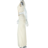 Solid Color Dress with Oblique V-neck, One-shoulder, Sleeveless and Irregular Slit Skirt