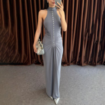 Sleeveless Single-breasted Pleated Hip-hugging Solid Color Long Skirt