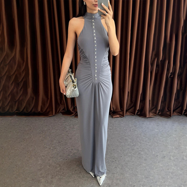 Sleeveless Single-breasted Pleated Hip-hugging Solid Color Long Skirt