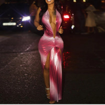 Deep V Sleeveless High Waist Slim Fit Irregular Slit Dress