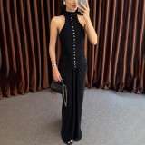 Sleeveless Single-breasted Pleated Hip-hugging Solid Color Long Skirt