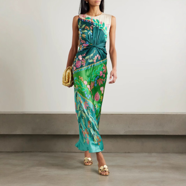 Sleeveless Printed Satin Twist Dress