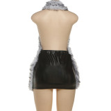 Leather Paneled Sleeveless Halterneck Hip Dress