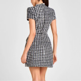 Round Neck Beaded Plaid Mini Dress