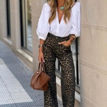 V-neck Puff-sleeved White Shirt, High-waisted Retro Leopard Print Wide-leg Pants Two-piece Suit