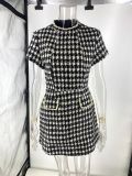 Round Neck Beaded Plaid Mini Dress
