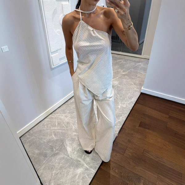 One-shoulder Suspender Striped Irregular Top and Trousers Two-piece Suit