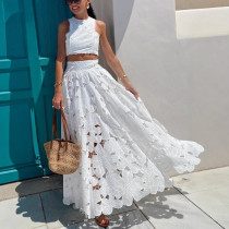 Casual Lace Hollow Vest Top + Skirt Two-piece Set