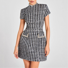Round Neck Beaded Plaid Mini Dress