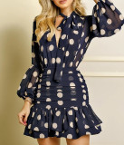 Blue Polka Dot Print Lantern Sleeve Dress