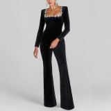 Diamond-embellished Velvet Square-neck Long-sleeved High-waisted Slim-fit and Flare Jumpsuit