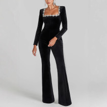Diamond-embellished Velvet Square-neck Long-sleeved High-waisted Slim-fit and Flare Jumpsuit