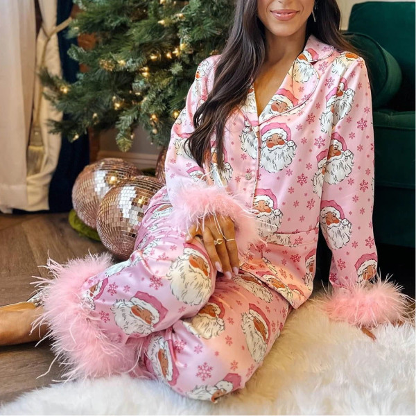 Christmas Satin Print Casual Suit Lounge Wear Pajamas