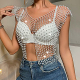Women's Mesh and Flash Diamond Sleeveless Vest