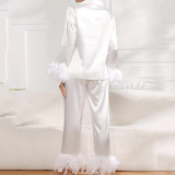 Ice Silk Long Sleeve Pants Pajama Set Feather Pajamas