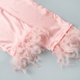 Ice Silk Long Sleeve Pants Pajama Set Feather Pajamas