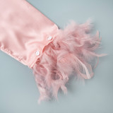 Ice Silk Long Sleeve Pants Pajama Set Feather Pajamas