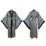 Leopard Print Lace Trim Long Casual Loose Robe