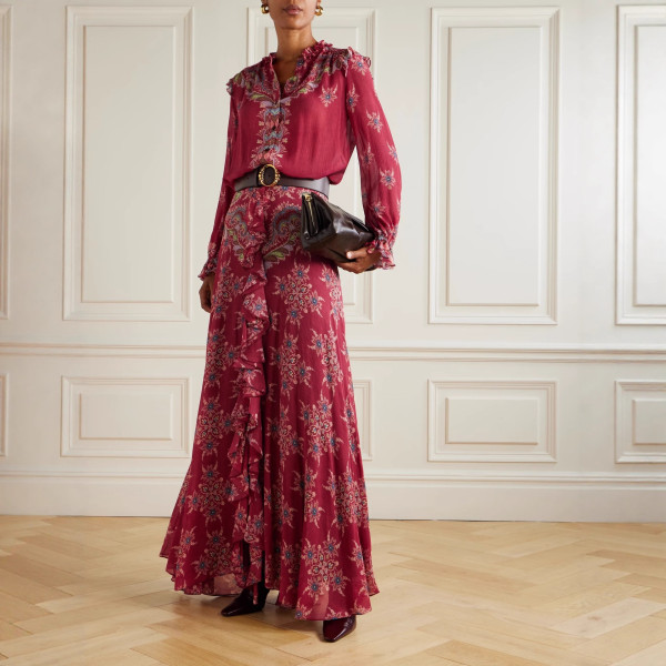 Retro Printed Chiffon Long-sleeved Shirt + Ruffled Long Skirt Two-piece Suit