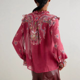 Retro Printed Chiffon Long-sleeved Shirt + Ruffled Long Skirt Two-piece Suit