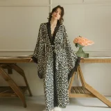 Leopard Print Lace Trim Long Casual Loose Robe