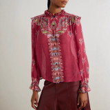 Retro Printed Chiffon Long-sleeved Shirt + Ruffled Long Skirt Two-piece Suit
