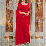 Elegant Dress with Back Slit Cape Sleeves and Rhinestones