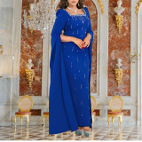 Elegant Dress with Back Slit Cape Sleeves and Rhinestones