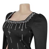 Elegant Dress with Back Slit Cape Sleeves and Rhinestones