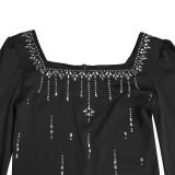 Elegant Dress with Back Slit Cape Sleeves and Rhinestones