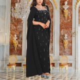Elegant Dress with Back Slit Cape Sleeves and Rhinestones