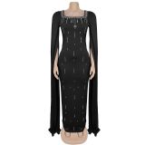 Elegant Dress with Back Slit Cape Sleeves and Rhinestones