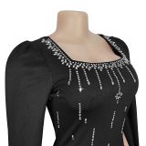 Elegant Dress with Back Slit Cape Sleeves and Rhinestones