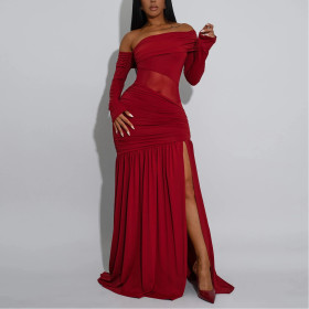 Strapless Long Sleeve Slit Armband Dress