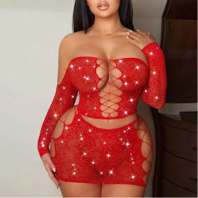 Sexy Lingerie Hot Diamond Tube Top Net Clothing Hollow Piece Set