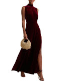 Round Stand Collar Sleeveless Waist Slit Party Dinner Dress